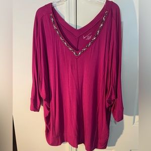 Lane Bryant bejeweled at V neck magenta blouse Size-22/24